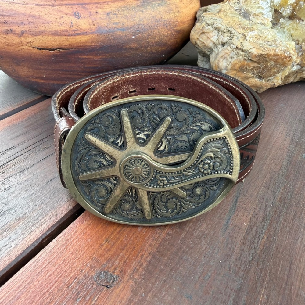 Philip Morris Solid Brass Spur Belt Buckle 1979 Western Tooled Leather Men's 36